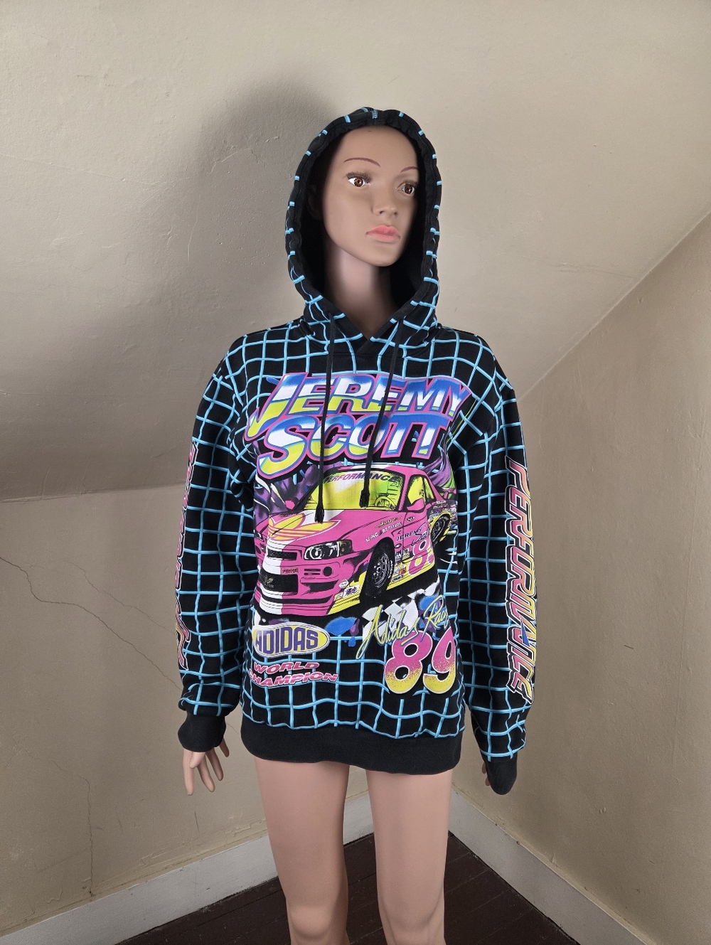 Adidas x Jeremy Scott Hoodie Grid Graphic Racing Car Black Blue Pullover Size S